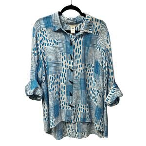 Multiples Blue White Abstract Print Button Front Rayon Blend Top Womens 1X